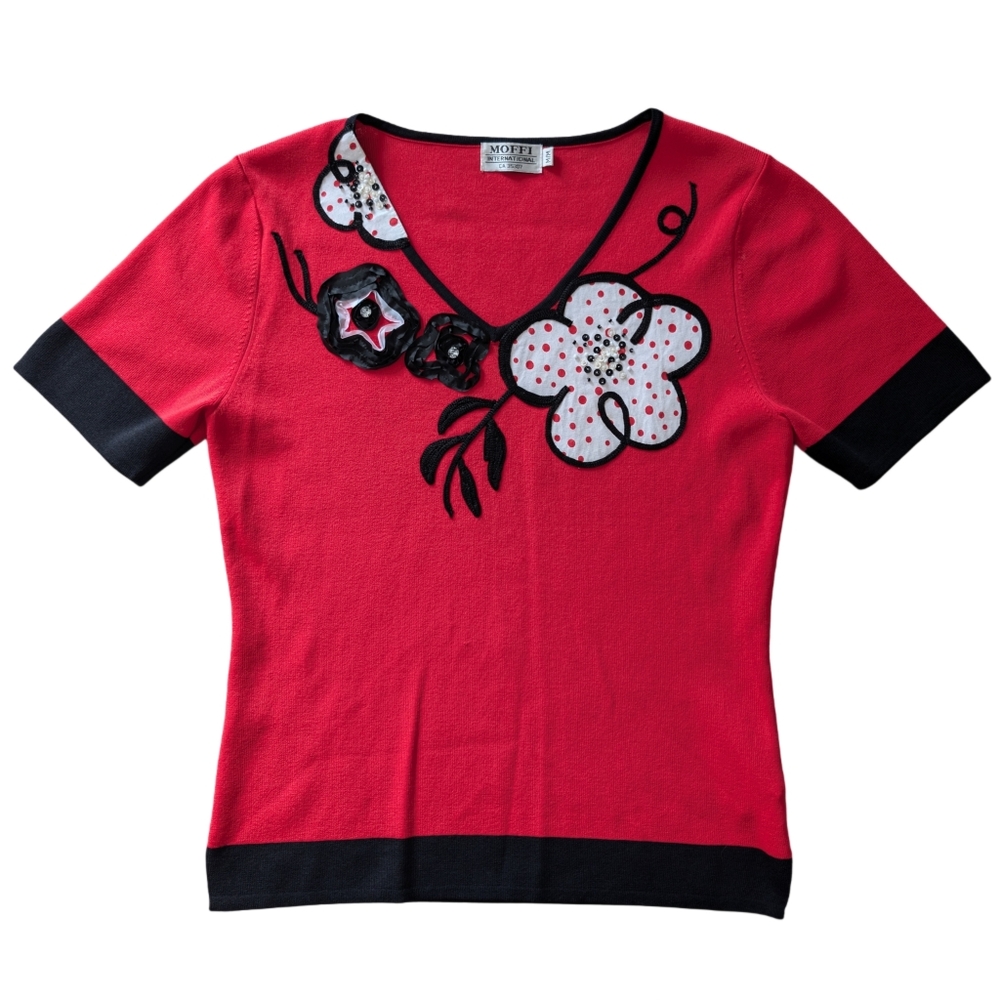 Moffi Women's Medium Red Graphic Floral Stretch knit Short Sleeve Top